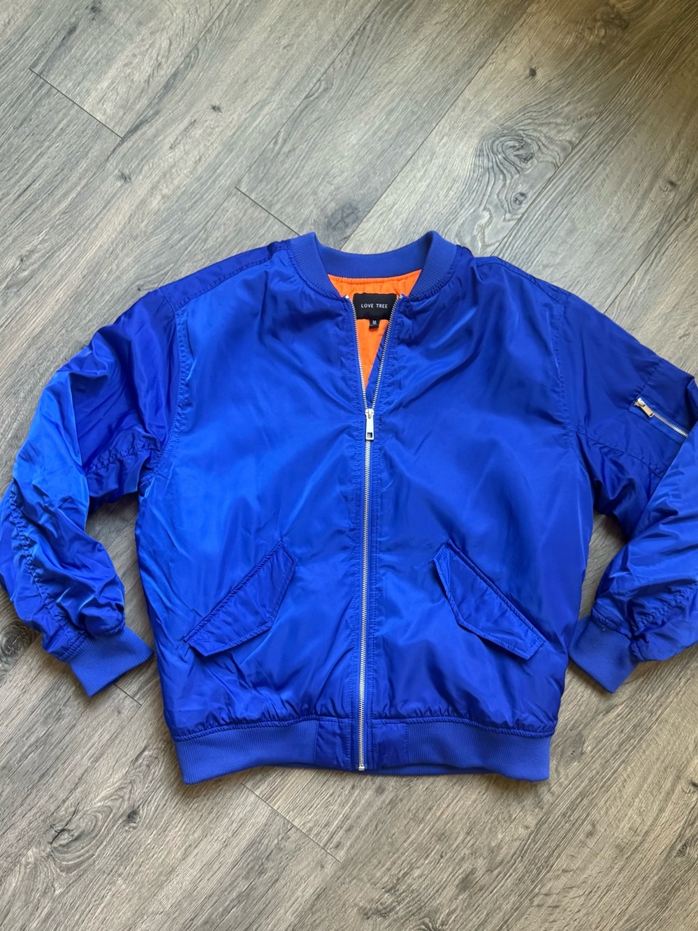 Love Tree Vibrant Royal Blue Nylon Bomber Jacket with Orange Lining